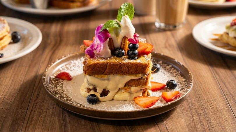 Stacked French toast with cream, berries, and a purple orchid on a rustic plate.